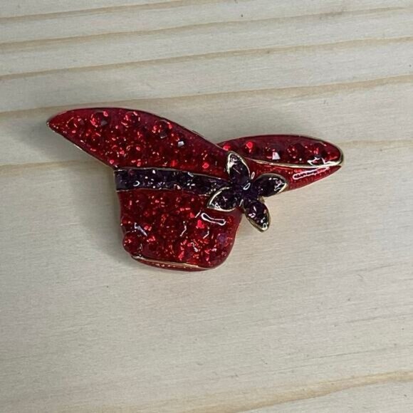 Vintage Rhinestone Red Hat Brooch Pin With Purple Flower Accent - Picture 3 of 6